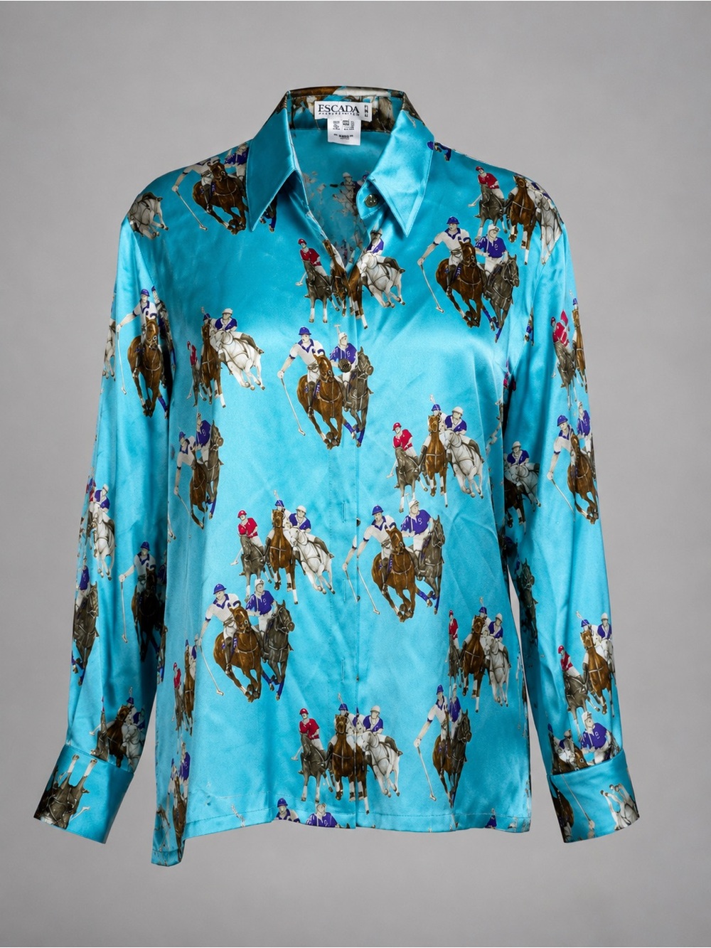 RARE late 1980s to early 1990’s Escada Turquoise Polo-Print Silk Shirt